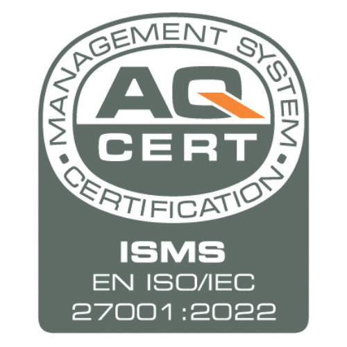 AQ CERT ISMS certification badge, EN ISO/IEC 27001:2022